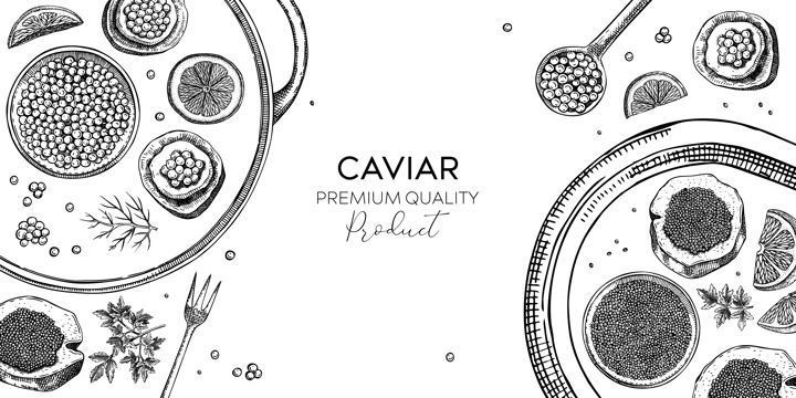 Seafood platter in engraved style. Red caviar canape, black caviar tin, lemons sketches. Sea delicacy background for restaurant menu or finger food party. Hand drawn canned fish banner design